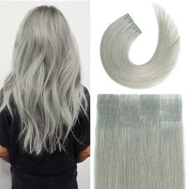 ALISY Human Hair Seal Extensions TAPE Hair Remy Hair Color Wig Extensions 10pcs (16inch, S-GREY)