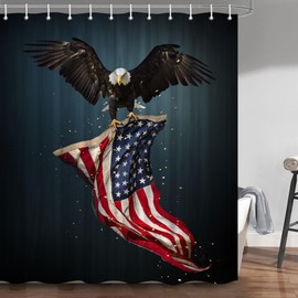 Viajar American Flag Shower Curtain, 4th of July Shower Curtain Bald Eagle Shower Curtain Independence Day Shower Curtain American Flag USA Flag Patriotic Shower Curtain with Hooks, 72X72 Inch, Blue