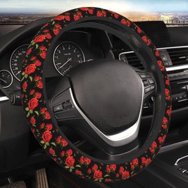 Red Rose Floral Black Steering Wheel Cover for Women Men Girls Car Accessories Decor Anti-Slip Neoprene Auto Steering Wheel Covers Protector Universal 15 Inch