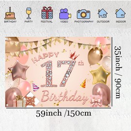 Happy 17th Birthday Decorations Backdrop Banner for Girls Happy 17 Years Old Party Fabric Sign Poster Girl Birthday Rose Pink Photo Background 17th Birthday Party Supplies, 150cm x 90cm