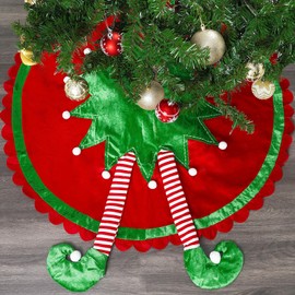 36 Inch Elf Christmas Tree Skirt with Candy Striped Legs, Velvet Xmas Tree Rug, Tree Skirt for 4 ft Tree, Red and Green Tree Skirt Christmas Decor Xmas Farmhouse