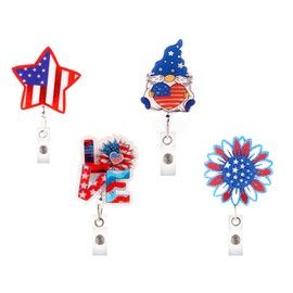 4pcs 4th of July Badge Reel, Independence Day Retractable ID Card Holder Clip American Flag Patriotic Cute & Fun Badge Reel for Nurses Teachers Students Doctor Workers Gifts