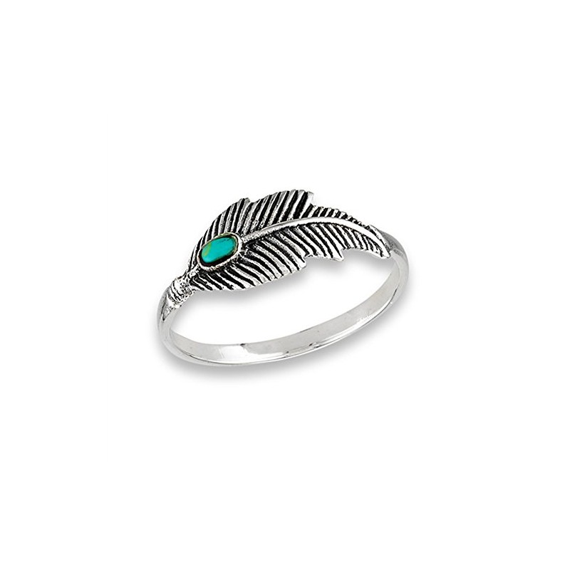 Simulated Turquoise Oxidized Feather Ring .925 Sterling Silver Tree Leaf