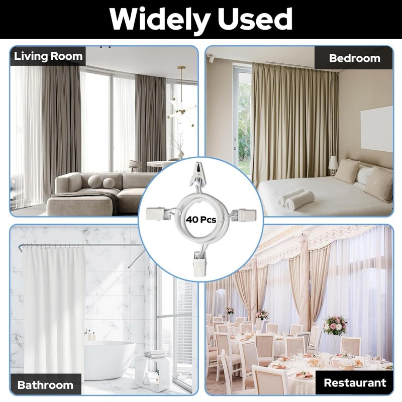 40Pcs Curtain Rings with Clips, White Premium Drapery Clips with