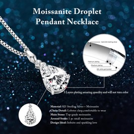Moissanite Necklace for Women 925 Sterling Silver Teardrop Pendant 1.5/2/4 Carat Pear Cut D-Color VVS1 Moissanite Necklaces Jewelry Valentine Wedding Birthday Gifts for Her Wife Mom (1.5CT)