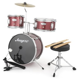 3 Piece Kids Drum Set with Cymbal, 2 Drumsticks, Pedal, 2 Tom,Beginner Junior Drum Kit with Throne Stool, Musical Instruments for Boys and Girls, Red
