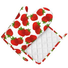 Silicone Oven Mitts and Pot Holders Sets, Home Cute Strawberry Heat Resistant BBQ Gloves for Kitchen Baking Cooking Grilling Microwave