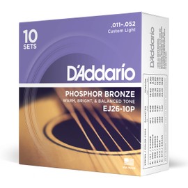 D'Addario D'Addario Guitar Strings - Phosphor Bronze Acoustic Guitar Strings - EJ26-10P - Rich, Full Tonal Spectrum - For 6 String Guitars - 11-52 Custom Light, 10-Pack