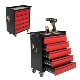 Jenified 5 Drawer Rolling Tool Chest with Wheels, 24"Wx13"Dx31"H Portable Tool Storage Cabinet, Steel Tool Cart with Pegboard, Tool Box Organizer for Garage, Warehouse, Workshop, Repair Shop(BlackRed)