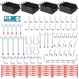 1/4"Pegboard Accessories Organizer Kit, Pegboard Attachment, 1/4 inch Pegboard Hooks, Pegboard Plastic Bins, Metal Hooks for Hanging Storage(99pcs)