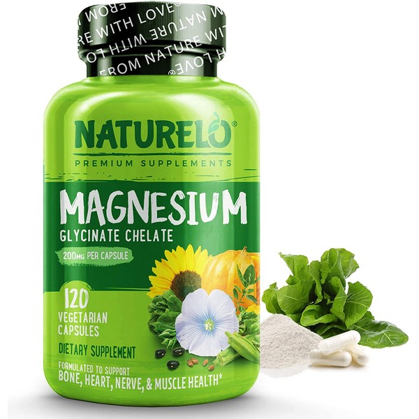 NATURELO Magnesium Glycinate Supplement - 200 mg Glycinate Chelate with Organic Vegetables to Support Sleep, Calm, Muscle Cramp & Stress Relief – Gluten Free, Non GMO - 120 Capsules