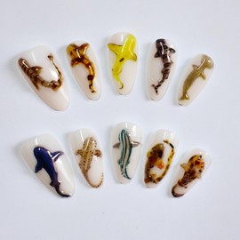10pcs Handmade Press on Nails Almond Fake Nails with 3d Ocean Animal designs Cute False Nails Full Cover Gel Glue on Nail for Women Girls Manicure Decor（s）