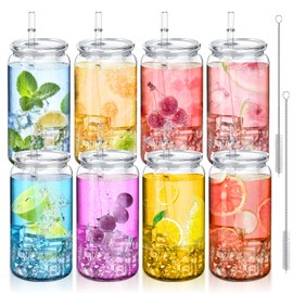 8pack Acrylic Mason Jars Cups with Lids and Straws,16 oz Clear Plastic Cups with Lids and Straws,Ice Coffee Cups,Shatterproof Drinking Tumblers for Smoothies,Cold Brew,Juice,Beer,Coffee,Milk,Tea