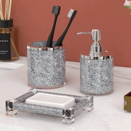SHYFOY Bathroom Accessories Set, 3 Piece Silver Crystal Crushed Diamond Bathroom Accessory Decor Sets, Glass Bath Restroom Set Vanity Organizer Includes Soap Dispenser, Toothbrush Holder, Soap Dish