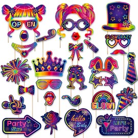 25pcs Glow Neon Photo Booth Props with Sticks | Let's Glow Themed Party Supplies for Birthday, Disco, Black Light & Neon Glow Parties | 25 Unique Designs (Hats, Glasses, Balloons & More)