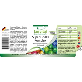 fairvital Super Vitamin C-500 Complex, 100 Tablets, with 500 mg Vitamin C per Tabette + Rutin, Acerola, Rosehip & Barley Grass, High Dose, Vegan