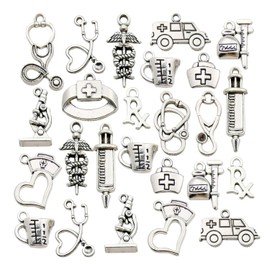 WOCRAFT 70pcs Craft Supplies Antique Silver Medical Nurse Charms Stethoscope Syringe Nurse Cap Hat Charms for Jewelry Making Crafting Findings Accessory for DIY Necklace Bracelet (M297)