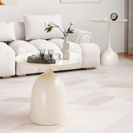 Round Coffee Table and End Table Sets for Living Room, White Modern Side Table, Nesting Coffee Table Set of 2, Funky Metal Accent Table for Bedside, Fluted Small Nested Coffee Tables with Pedestal