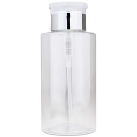 Pana 10oz. Push Down Clear Plastic Liquid Dispenser Bottle for Alcohol, Toner, Cleanser & Makeup Remover (No Wording, Clear W/Silver Chrome)