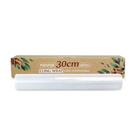 WRAPOK 100% Compostable Kitchen Cling Wrap Biodegradable Corn PLA Food Film Roll with Slide Cutter - 258 Square Feet