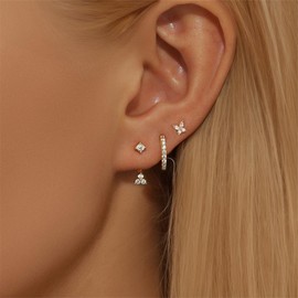 KOLZEMV Set of 3 Earrings, 925 Silver, 925 Silver, for Women, 14 Carat Gold-Plated, Small Stud Earrings, 925 Silver, Stackable Cubic Zirconia Stud Earrings, Hoop Earrings Set for Multiple Piercings,