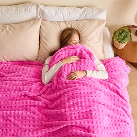 NEWCOSPLAY Super Soft King Blanket Pink Premium Silky Flannel Fleece 3D Waffle Checkered Lightweight Bed Blanket All Season Use (Hot Pink, King(90"x110"))