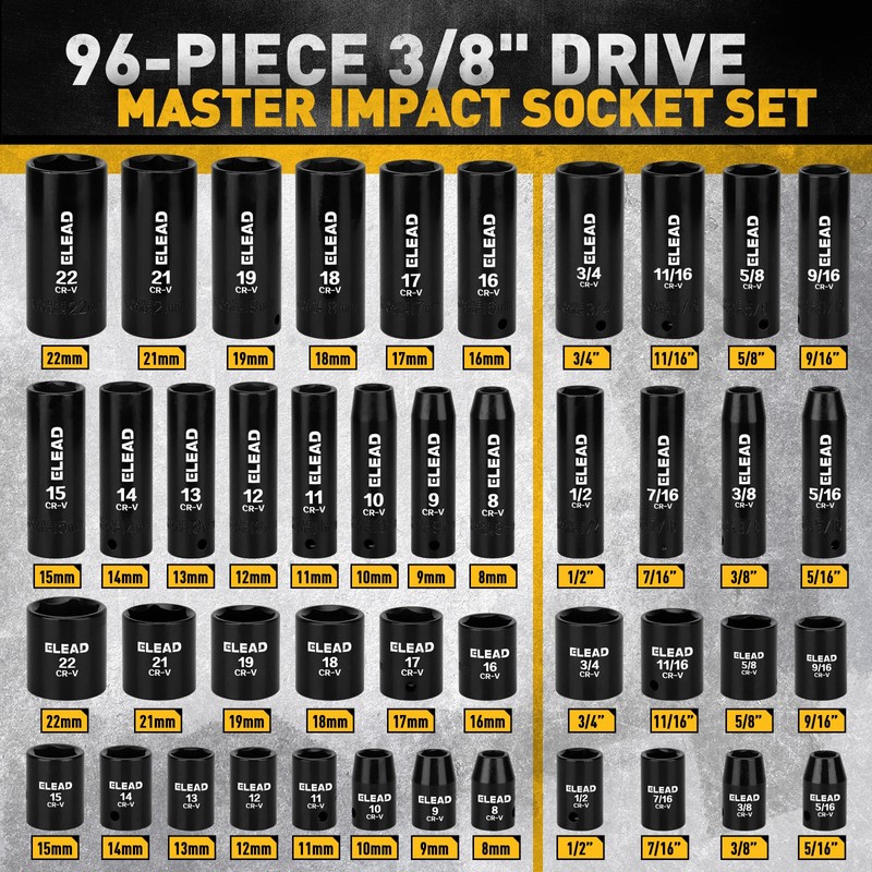 ELEAD 3/8" Drive Impact Socket Set, 96-Piece Deep & Shallow