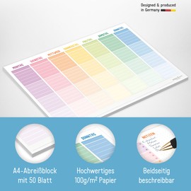paper&you® Weekly Planner Pad A4 Pure without Fixed Date [Rainbow] 50 Sheets | Diary with To-Do List & Large Note Field | Climate-Friendly & Sustainable