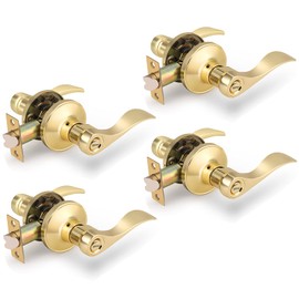 Gobrico--Polished Brass Door Handles Keyless Bedroom Bathroom Door Levers Drop/Wave Style Privacy Door Handlesets Pack of 4