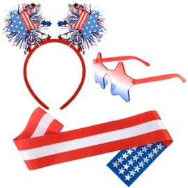 Exacoo 4th of July Hair Accessories Decorations Party Favors Fourth of July Patriotic Decor American Flag Headband Glasses and Usa Flag Sash Red White and Blue Sash Star Glasses Halloween Costume