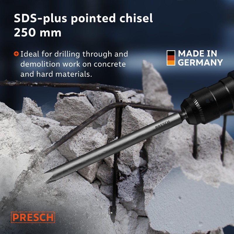 Presch SDS-Plus Pointed Chisel - Extremely Robust, Durable tip -