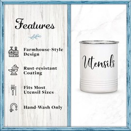 Home Acre Designs Vintage Farmhouse Utensil Holder - Stylish Countertop Organizer and Kitchen Decor Caddy - Stainless Steel Rim - White