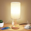Small Bedside Table Lamp with AC Outlet, Natural Wood Base