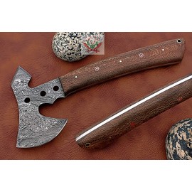 FB LEATHER CRAFTS Tactical Combat Custom Made Damascus Steel Hunting Axe/Throwing Hatchets Smart Axe FBA-0020 / Camping & Hiking/Compact Axe/Gift for him (Natural Snack Wood)