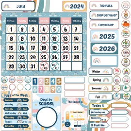 Decorably 148 Pcs Cutouts Boho Rainbow Themed Kindergarten Calendar for Classroom Bulletin Board Set, Teaching Calendar for Classroom, School Decoration