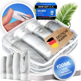 Silibo Travel Bottles for Filling (4 x 100 ml), Hand Luggage, Travel Essentials, Leak-Proof, BPA-Free, Labelling Ring, Travel Gadget, Travel Set, Travel Accessories (White)