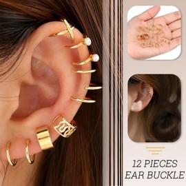 WJRQD 12 Pieces Ear Cuff Set Women's Adjustable Ear Clips Women's Without Ear Holes Cartilage Ear Cuff Without Ear Hole Fake Piercing Earrings Earcuffs Set Ear Jewellery Ear Cuff Gold, Metal