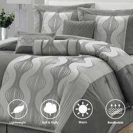 LANCO MODERN LIFESTYLE California King Comforter Set, Grey, 7 Pieces in a Bag, Ultra Soft Jacquard with Solid Piecework, Luxury Bed Set with Comforters, Bed Skirt, Pillow Shams and Decorative Pillows