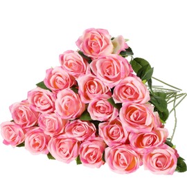 Hotop 20 Pcs Rose Artificial Flowers with Long Stem Realistic Silk Roses Bulk Real Touch Plastic Bouquet of Roses for Home Bridal Wedding Party Table Centerpieces Decorations (Rose Red)
