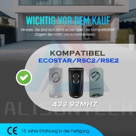 2 x Garage Door Opener Remote Control for Ecostar RSC2, RSE2, RSZ1 - Handheld Transmitter 433.92 MHz