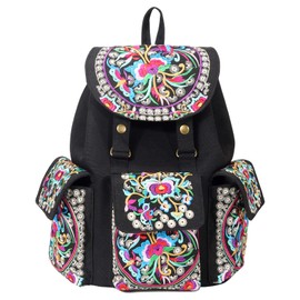 SILKAREA Vintage Embroidered Backpack Purse for Women Handbag Canvas Shoulder Bag Ethnic Boho Travel Backpack (Black S2) Large