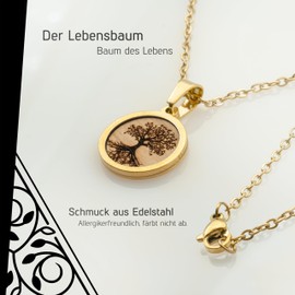 treeforce Unisex Stainless Steel Necklace in Gold and Silver with Wooden Emblem in Black Gift Box, Stainless Steel Wood, Wood.