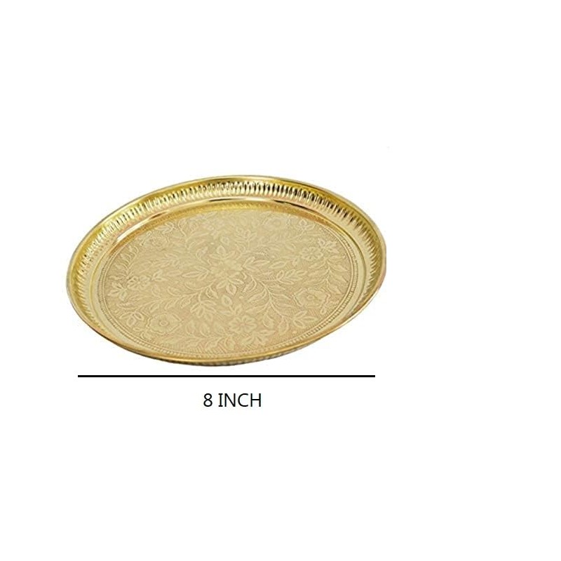 Skywalk Handmade Brass Puja Thali with Flower Embossed Design (Gold,