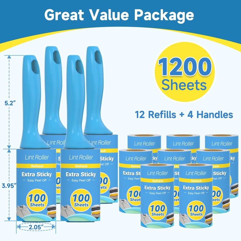 Swihauk 1200 Sheets Extra Sticky Lint Rollers for Pet Hair,