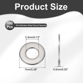 PATIKIL M3 x 7mm x 0.5mm Stainless Steel Flat Washers, 100 Pcs Round Metal Washer Small Spacer for Screws Bolts Nuts Assortment