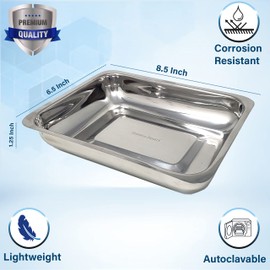 Medical Dental Instrument Set Up Tray Deep Stainless Steel with Seamless Edges, Instrument Assortment Tray Ideal for Lab, Dental Clinics, Tattoo Piercing Parlor + More, 8.5" L x 6.5" W x 1.25" H