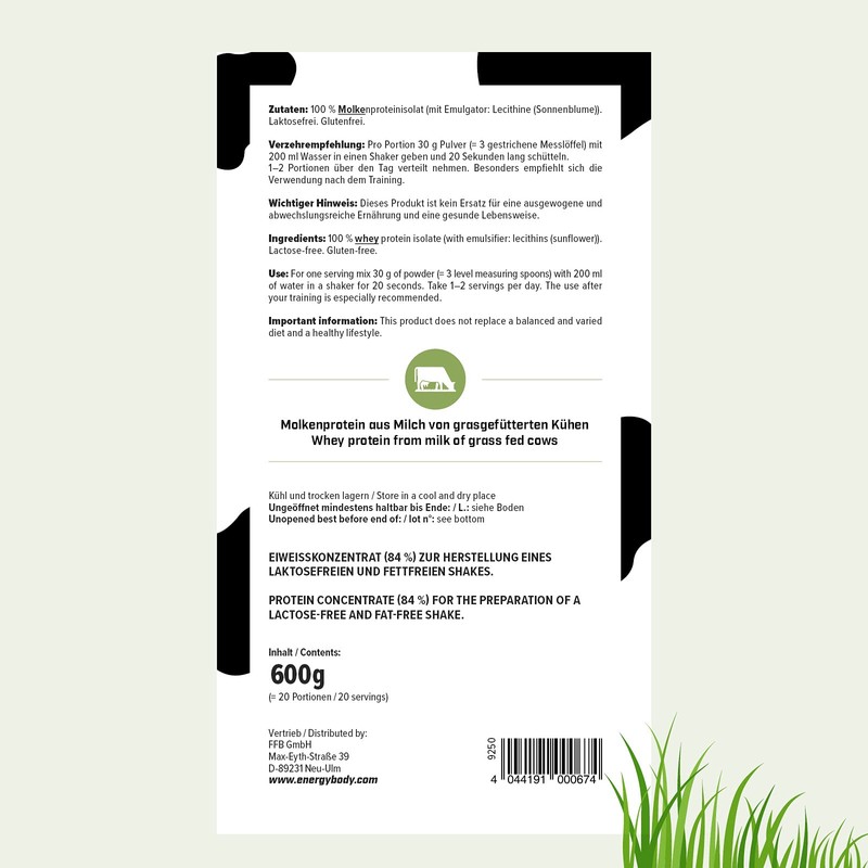 Energybody Whey Isolate, Protein Powder Neutral, No Sugar, No Sweetener,