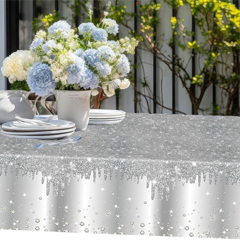 2P Silver Party Plastic Table Cloth,137x274cm Shiny Glitter Silver Tablecloths