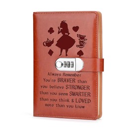JOHSBYD Alice in Wonderland Leather Combination Lock Notebook Always Remember You’re Braver Than You Believe Leather Locked Journal Notebook Alice Fans Gift(always remember)