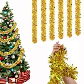 CLHXWU Pack of 6 12 m Christmas Tinsel Garland, Gold Garland, Christmas Tree Decoration Garland, Tinsel Shiny Garland, Wedding, Holiday, Party Decoration (Gold)